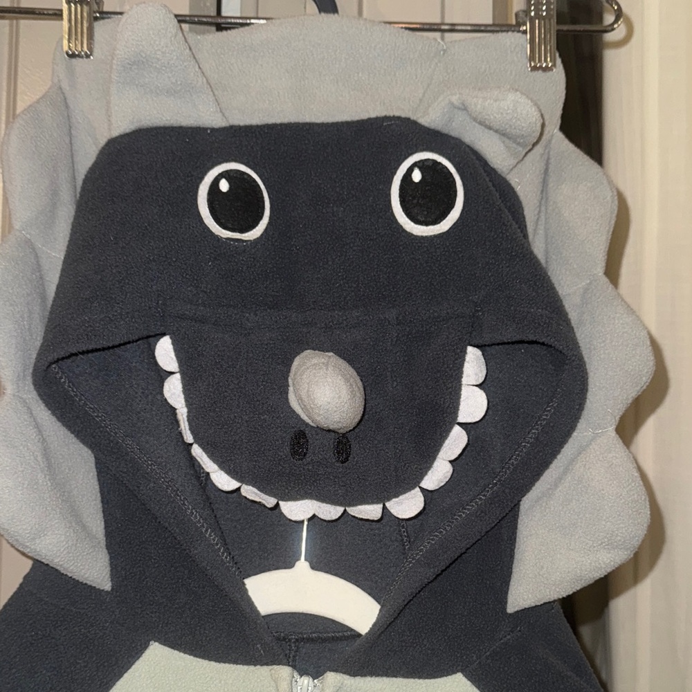 Adult Dinosaur Costume Black & Gray onesie zip up w/ Dino hoodie & tail - Small - Picture 3 of 13